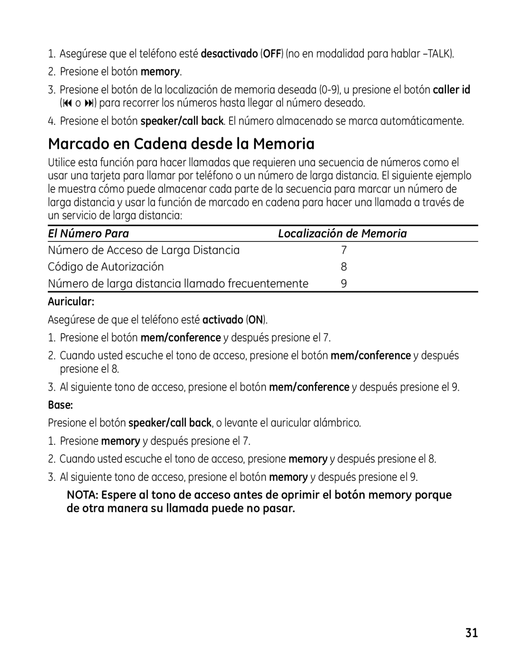 GE 00025467 manual Marcado en Cadena desde la Memoria, Auricular, Base 