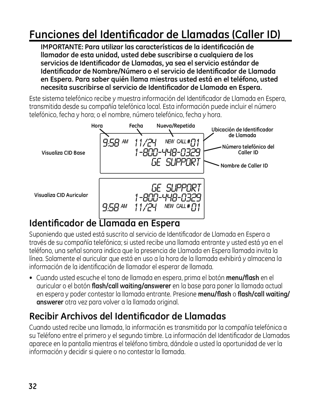 GE 00025467 manual Funciones del Identificador de Llamadas Caller ID, Identificador de Llamada en Espera 