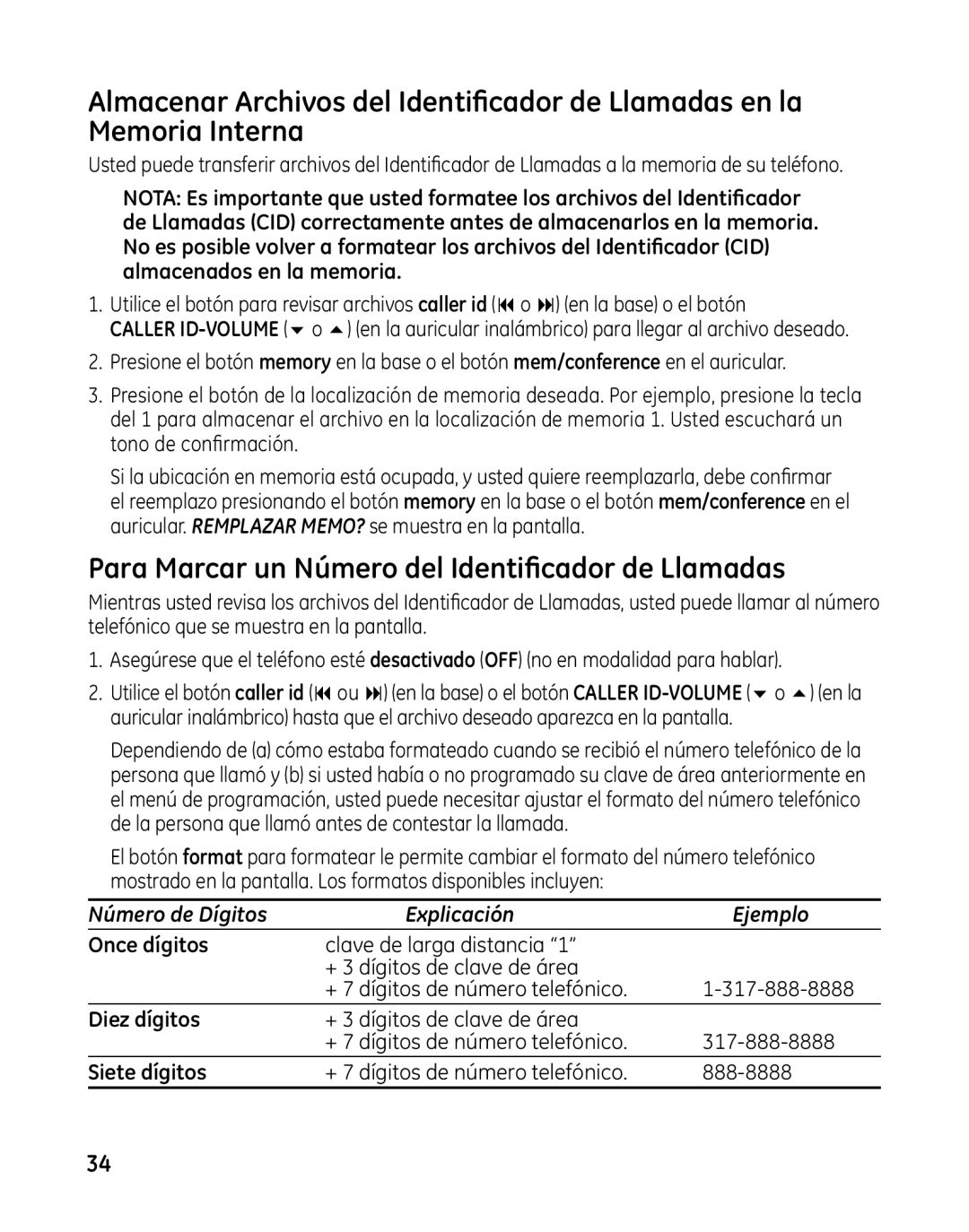 GE 00025467 manual Para Marcar un Número del Identificador de Llamadas, Once dígitos, Diez dígitos, Siete dígitos 