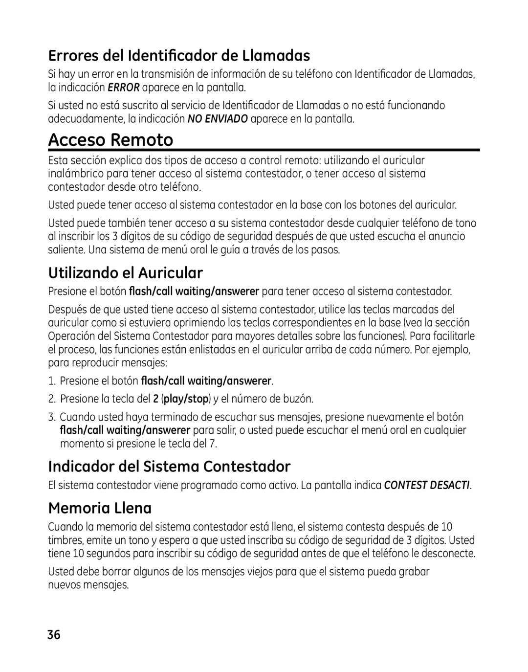 GE 00025467 manual Acceso Remoto, Errores del Identificador de Llamadas, Utilizando el Auricular, Memoria Llena 