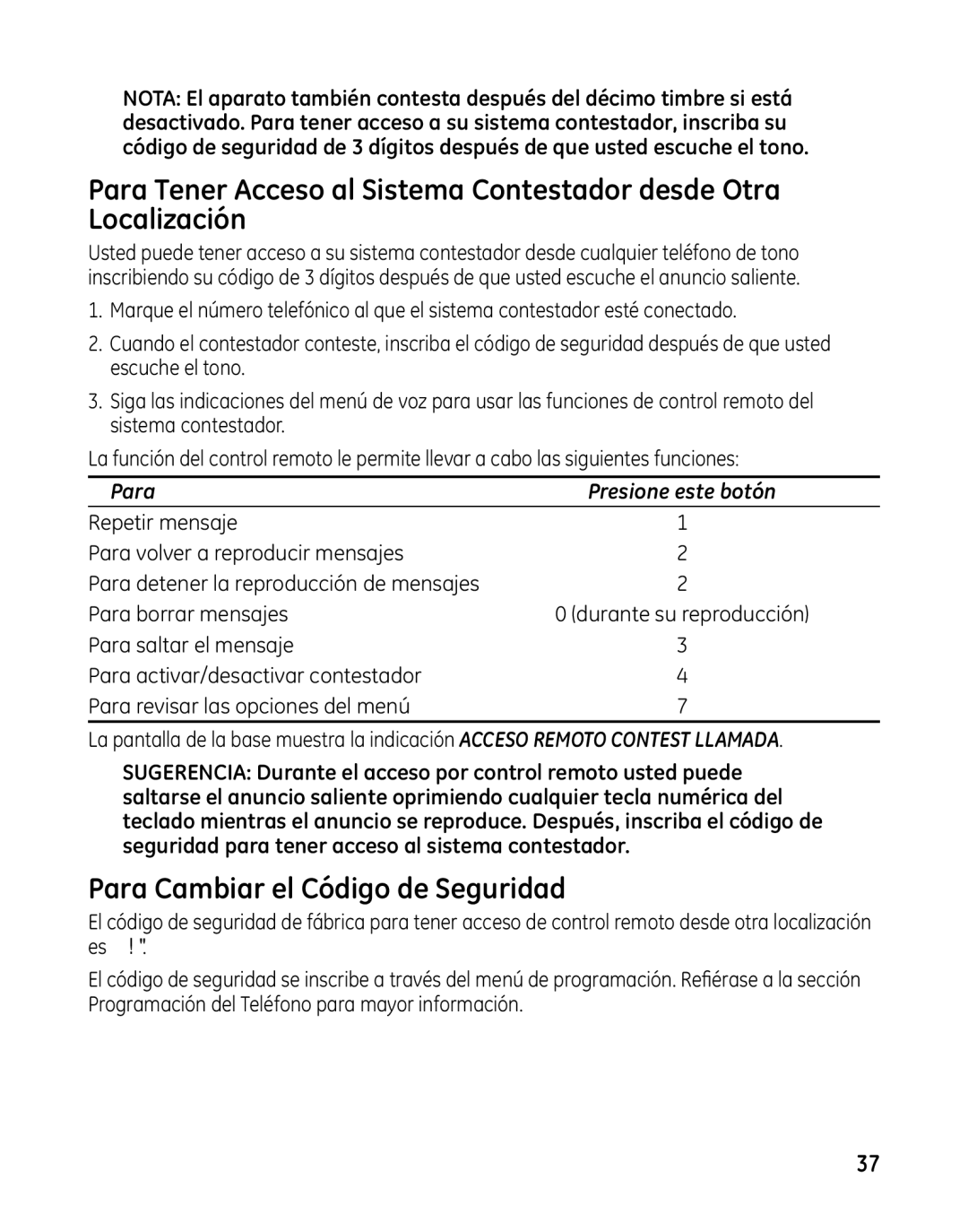 GE 00025467 manual Para Cambiar el Código de Seguridad 