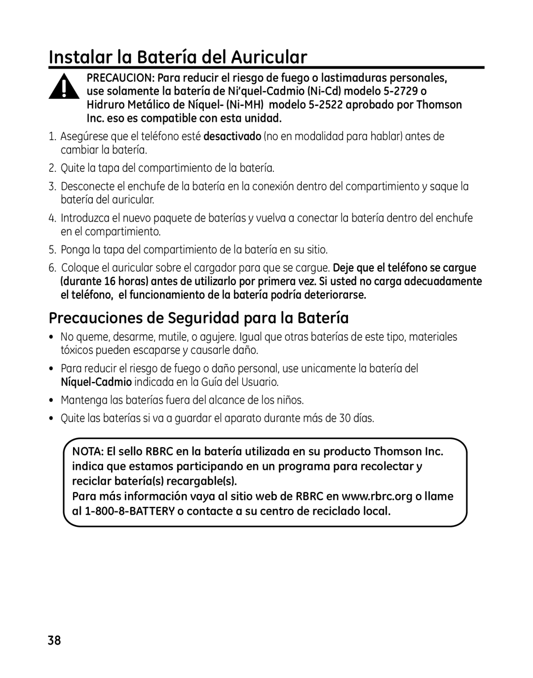 GE 00025467 manual Instalar la Batería del Auricular, Precauciones de Seguridad para la Batería 