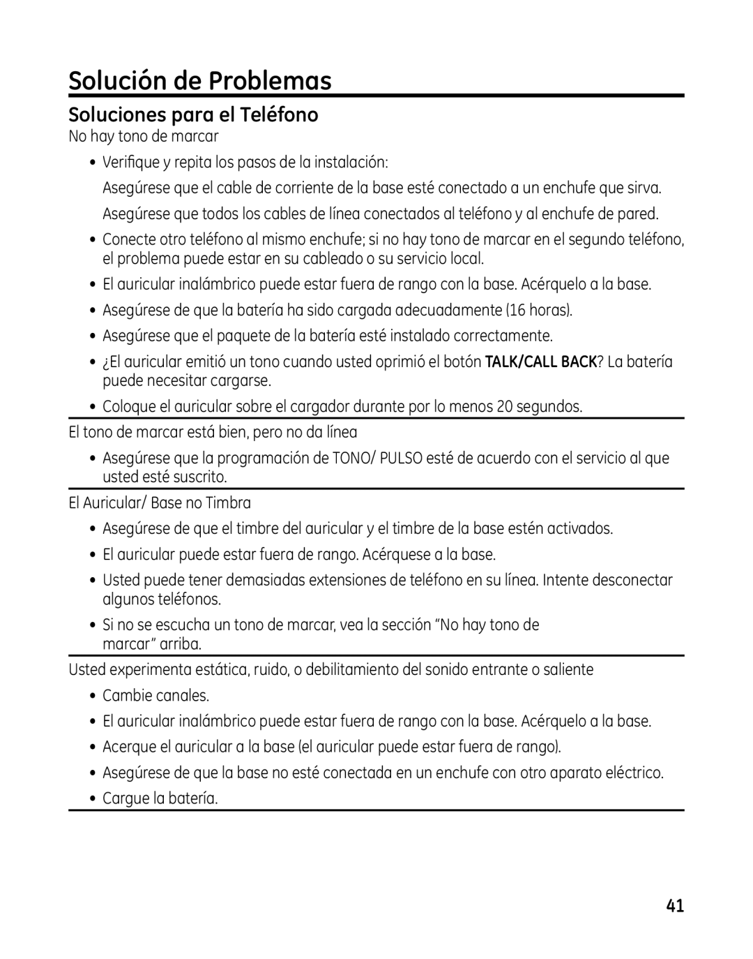 GE 00025467 manual Solución de Problemas, Soluciones para el Teléfono 