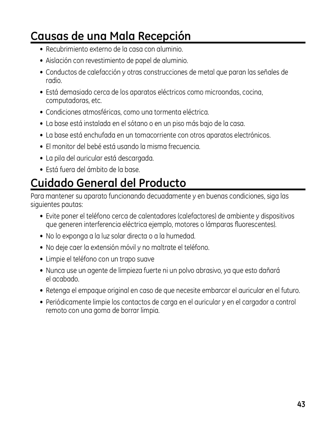 GE 00025467 manual Causas de una Mala Recepción, Cuidado General del Producto 