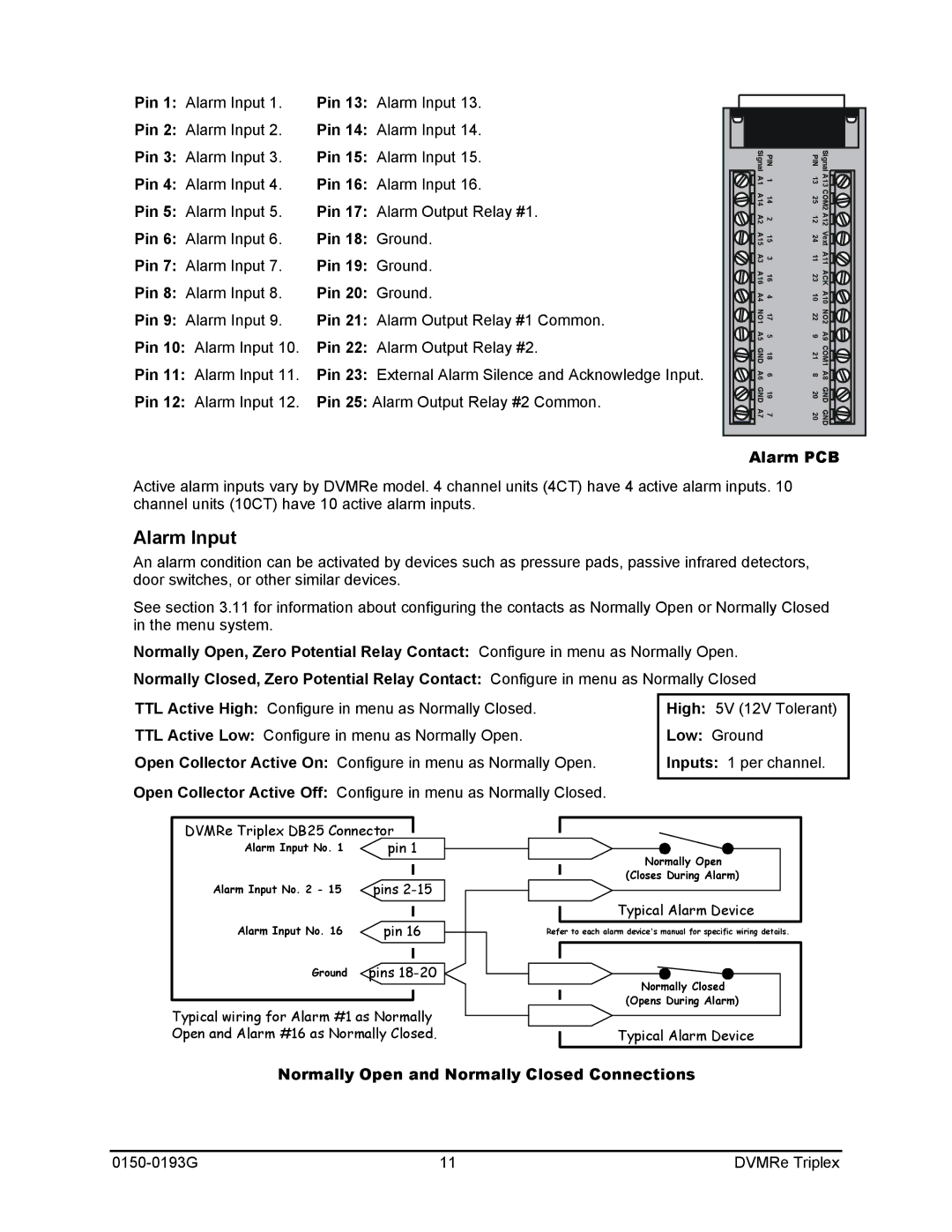 GE 0150-0193G manual Alarm Input, Alarm PCB, Normally Open and Normally Closed Connections 