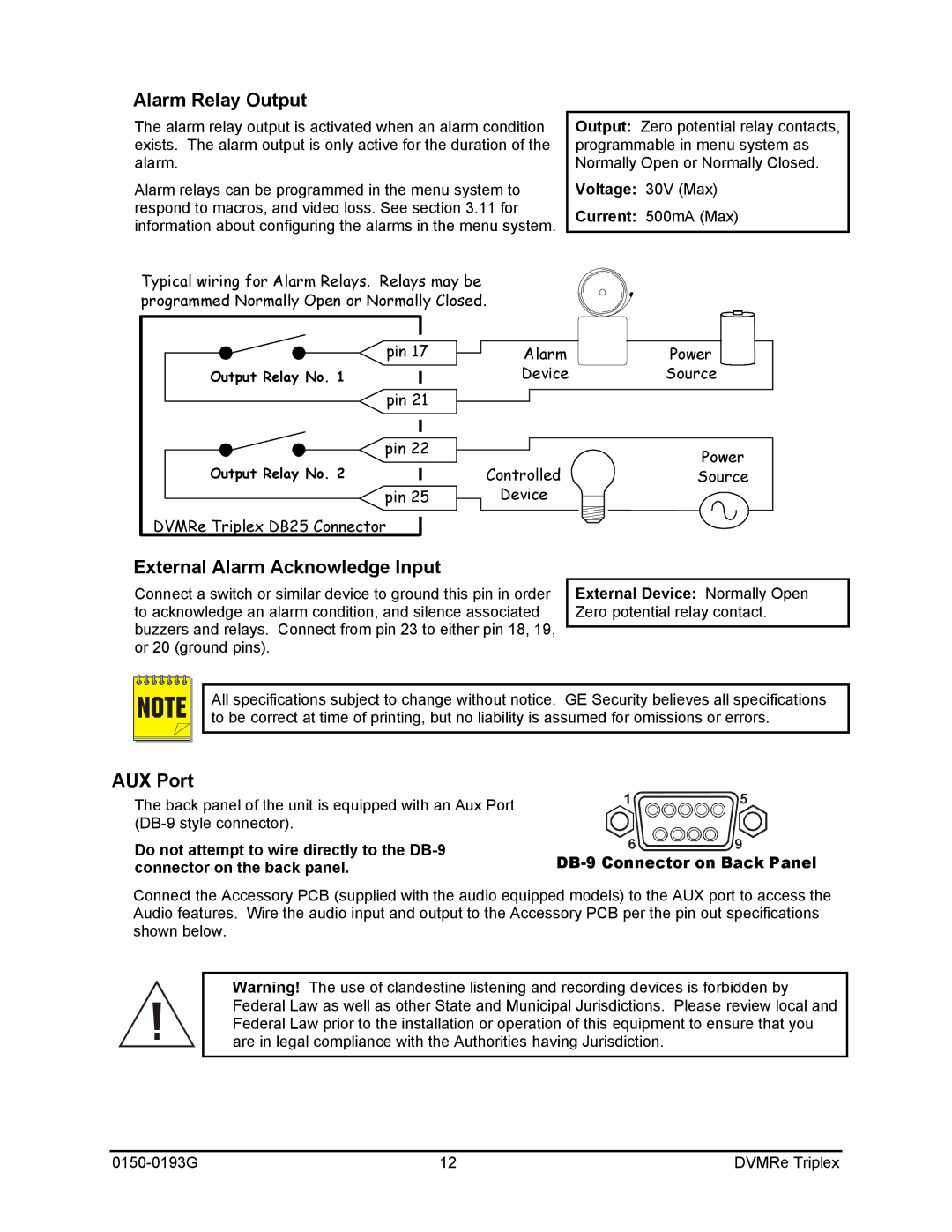 GE 0150-0193G manual Alarm Relay Output, External Alarm Acknowledge Input, AUX Port, Voltage 30V Max 