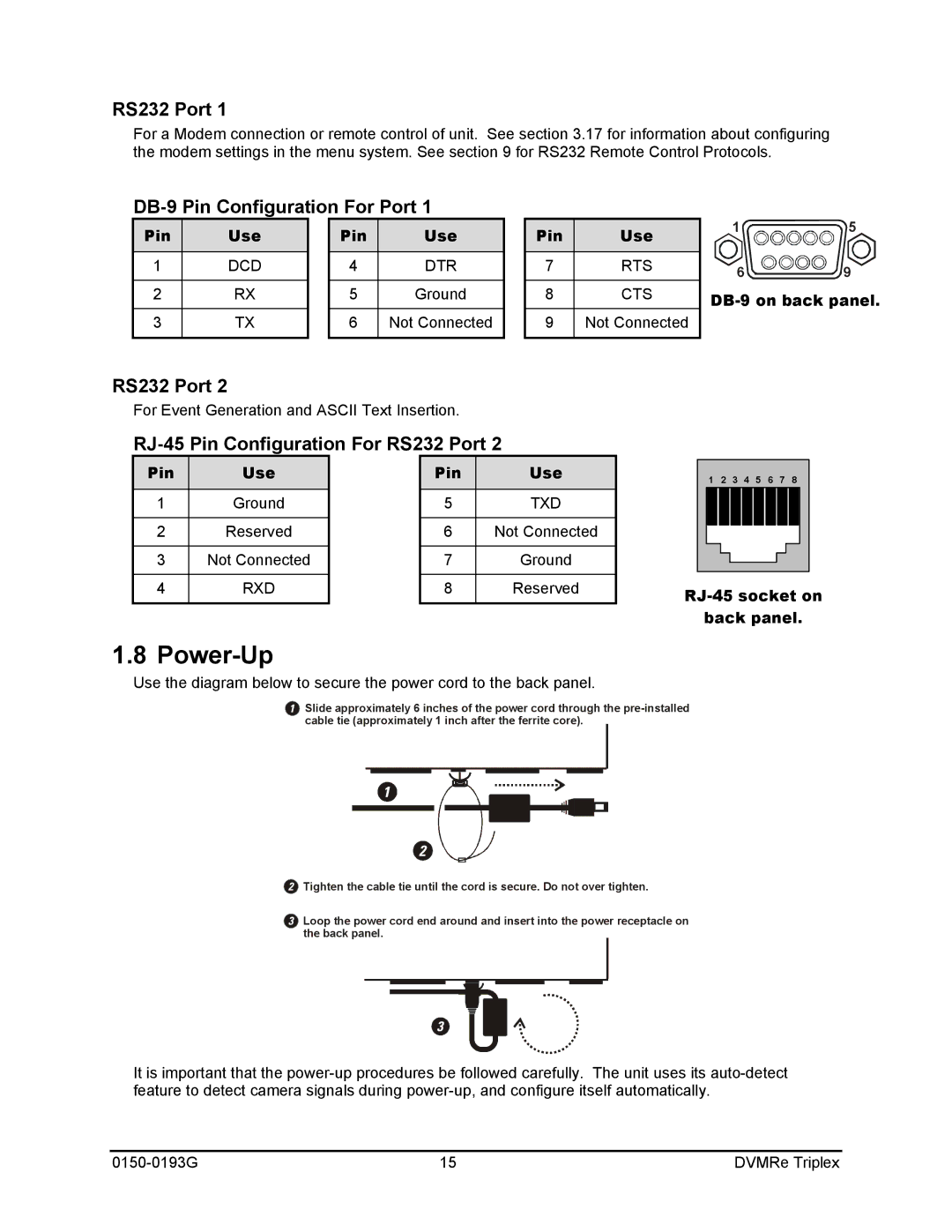 GE 0150-0193G Power-Up, DB-9 Pin Configuration For Port, RJ-45 Pin Configuration For RS232 Port, DB-9 on back panel 