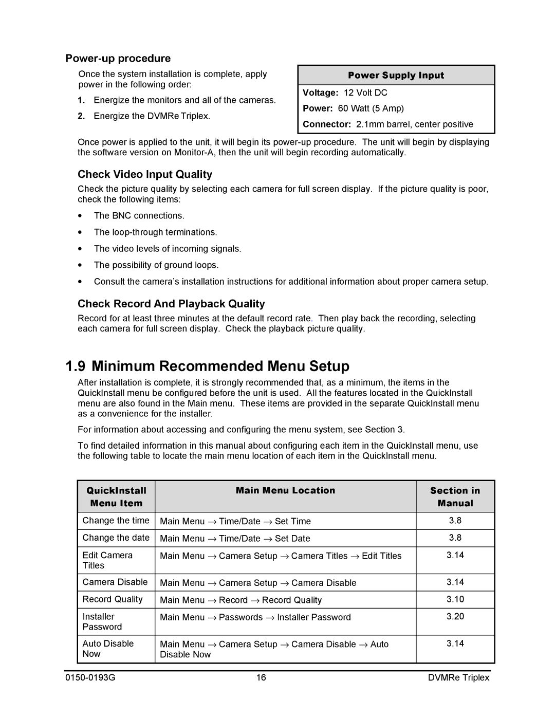 GE 0150-0193G manual Minimum Recommended Menu Setup, Power-up procedure, Check Video Input Quality 