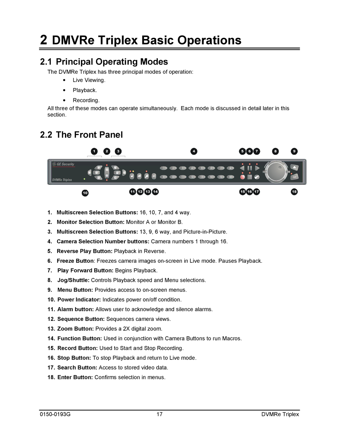 GE 0150-0193G DMVRe Triplex Basic Operations, Principal Operating Modes, Front Panel, Play Forward Button Begins Playback 