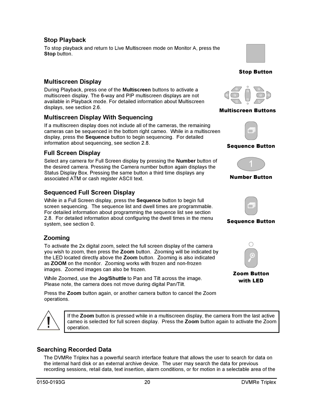 GE 0150-0193G manual Stop Playback, Searching Recorded Data, Stop Button, Sequence Button Number Button 