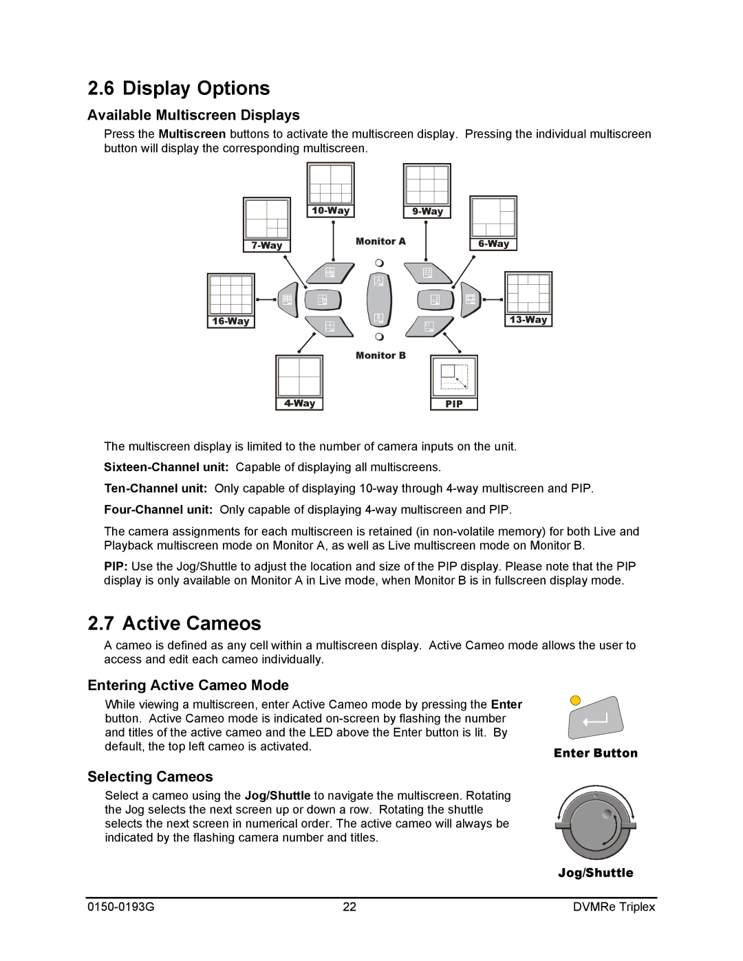 GE 0150-0193G Display Options, Active Cameos, Available Multiscreen Displays, Entering Active Cameo Mode, Selecting Cameos 