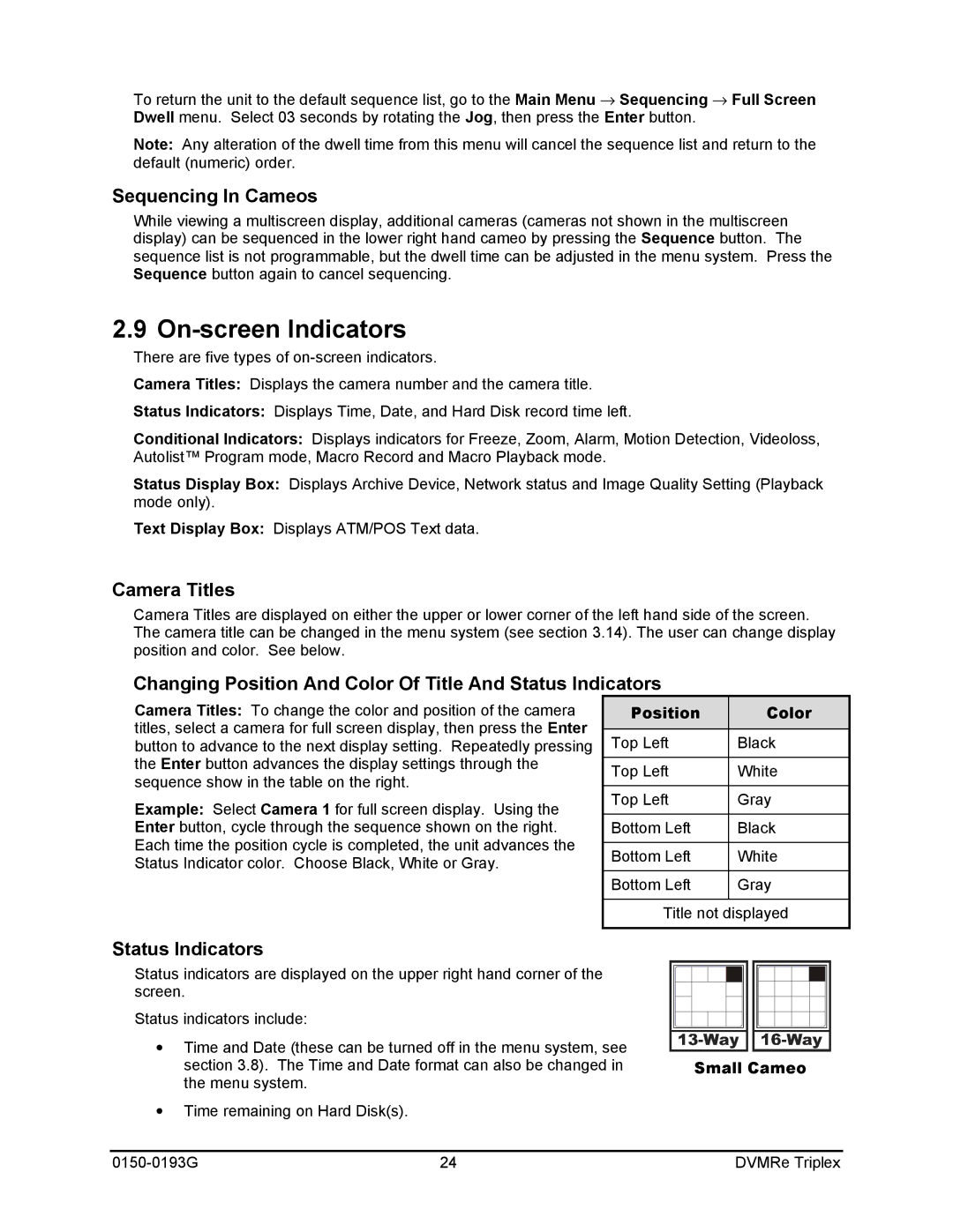 GE 0150-0193G manual On-screen Indicators, Sequencing In Cameos, Camera Titles, Status Indicators 