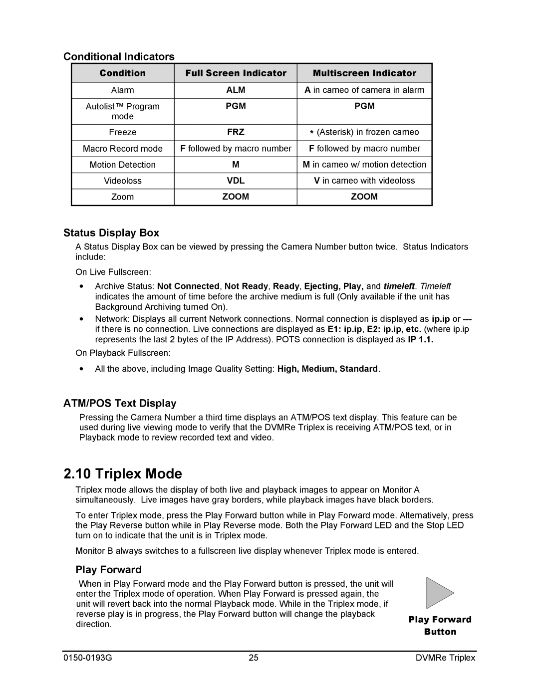 GE 0150-0193G manual Triplex Mode, Conditional Indicators, Status Display Box, ATM/POS Text Display 