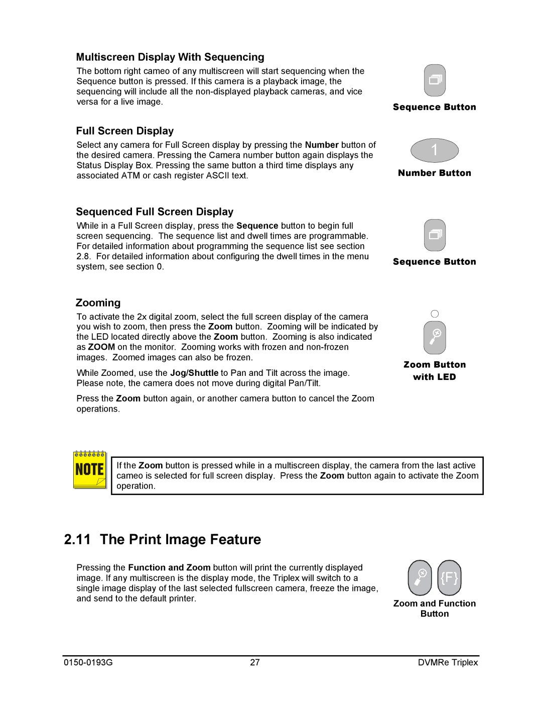 GE 0150-0193G manual Print Image Feature, Number Button Sequence Button, Zoom and Function Button 