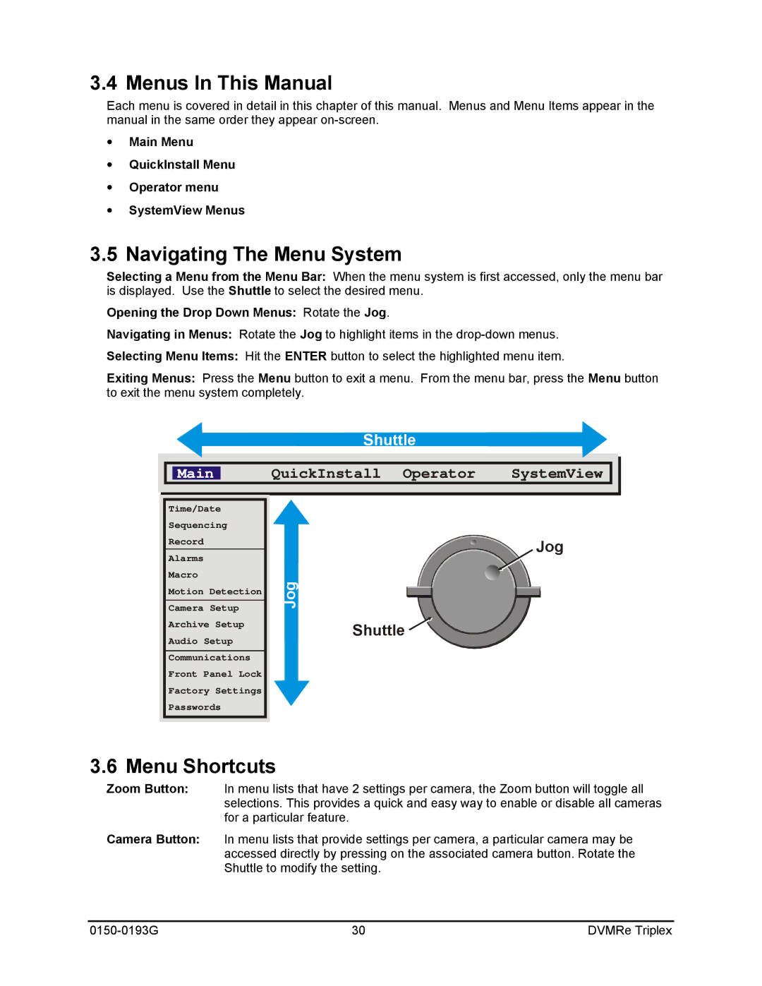 GE 0150-0193G Menus In This Manual, Navigating The Menu System, Menu Shortcuts, Opening the Drop Down Menus Rotate the Jog 