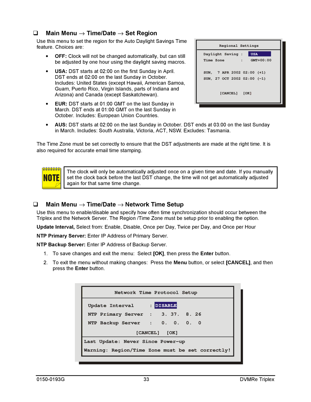 GE 0150-0193G manual Main Menu → Time/Date → Set Region, Main Menu → Time/Date → Network Time Setup 