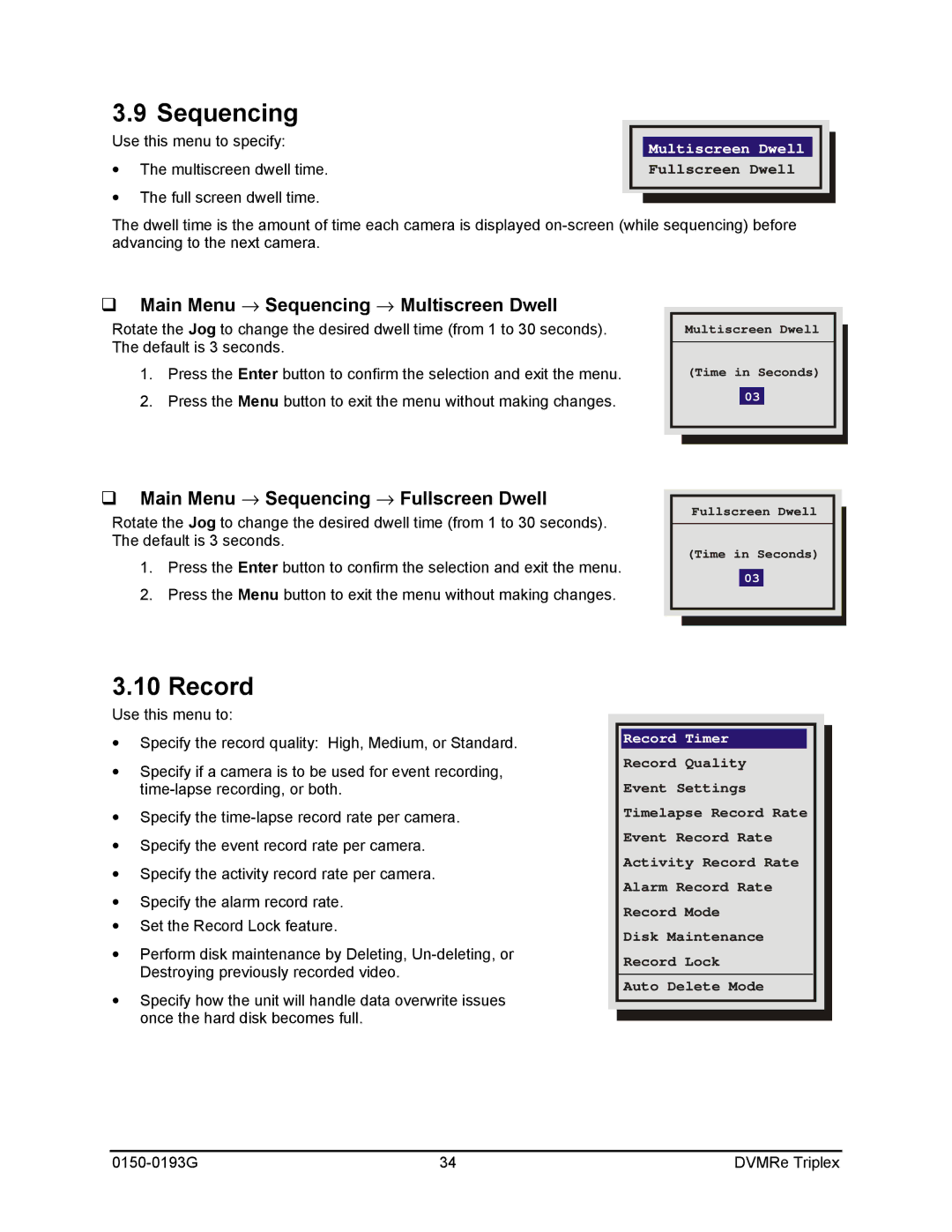 GE 0150-0193G manual Record, Main Menu → Sequencing → Multiscreen Dwell, Main Menu → Sequencing → Fullscreen Dwell 