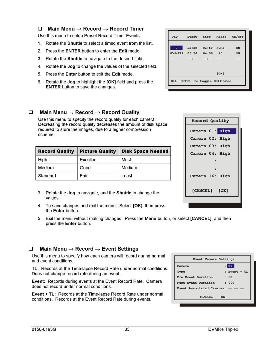 GE 0150-0193G Main Menu → Record → Record Timer, Main Menu → Record → Record Quality, Main Menu → Record → Event Settings 