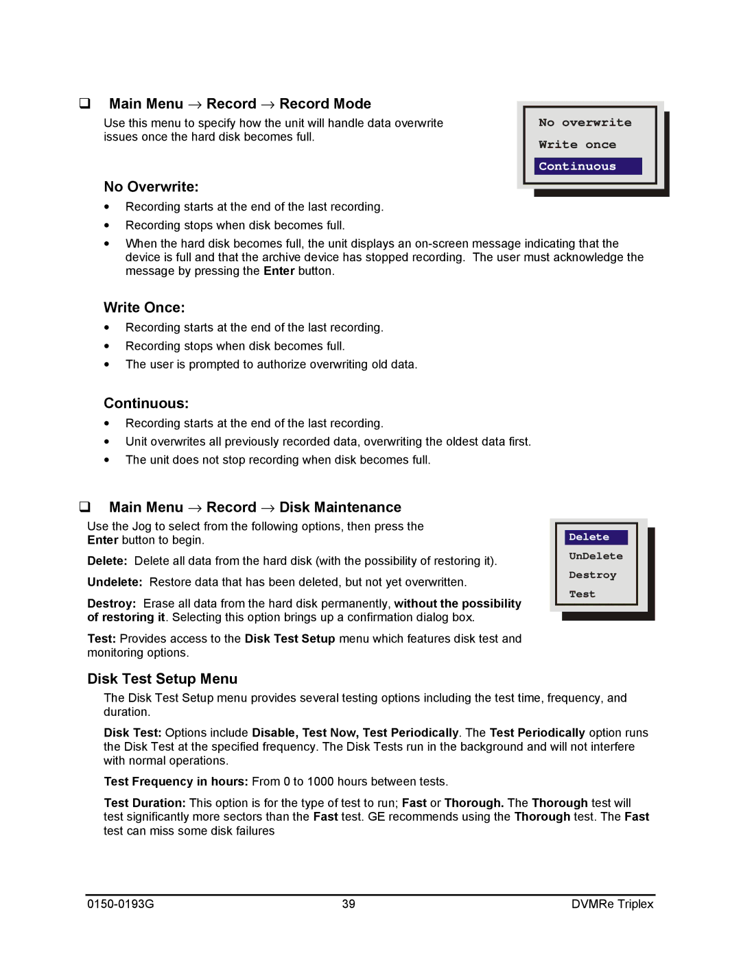 GE 0150-0193G manual Main Menu → Record → Record Mode, No Overwrite, Write Once, Continuous, Disk Test Setup Menu 