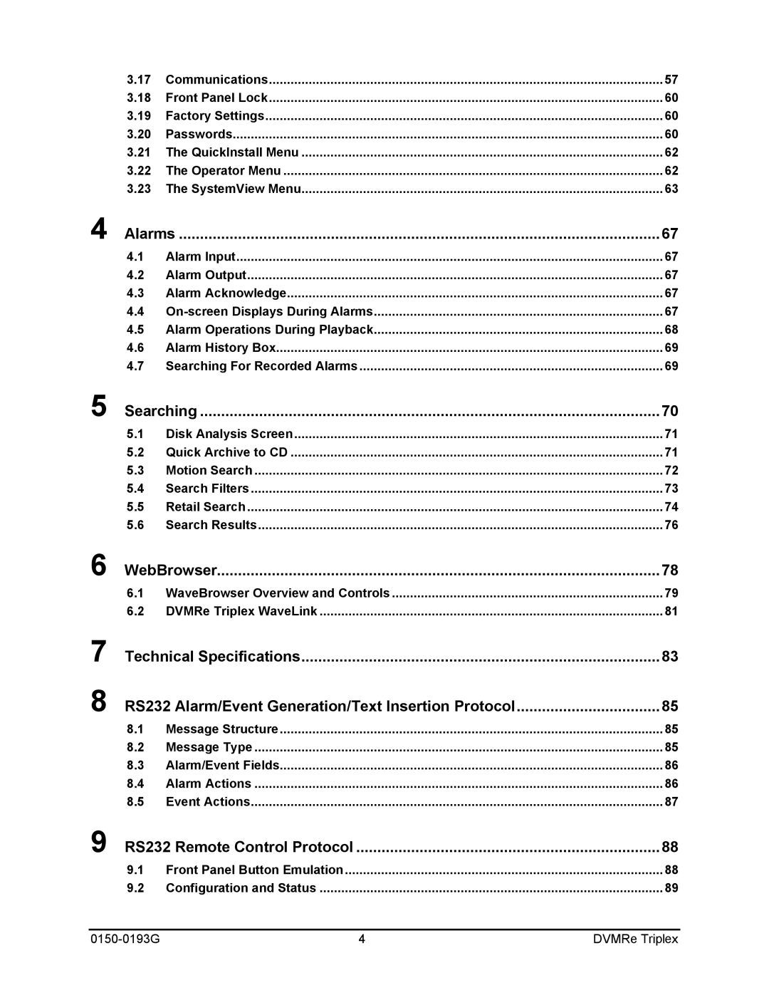 GE manual Alarms, Searching, WebBrowser, RS232 Remote Control Protocol, 0150-0193G DVMRe Triplex 