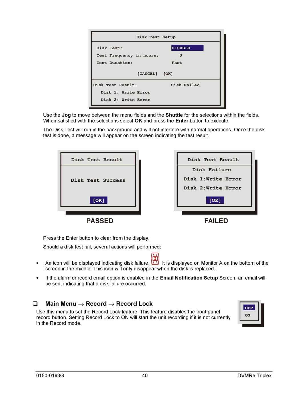 GE 0150-0193G manual Main Menu → Record → Record Lock, Disable 