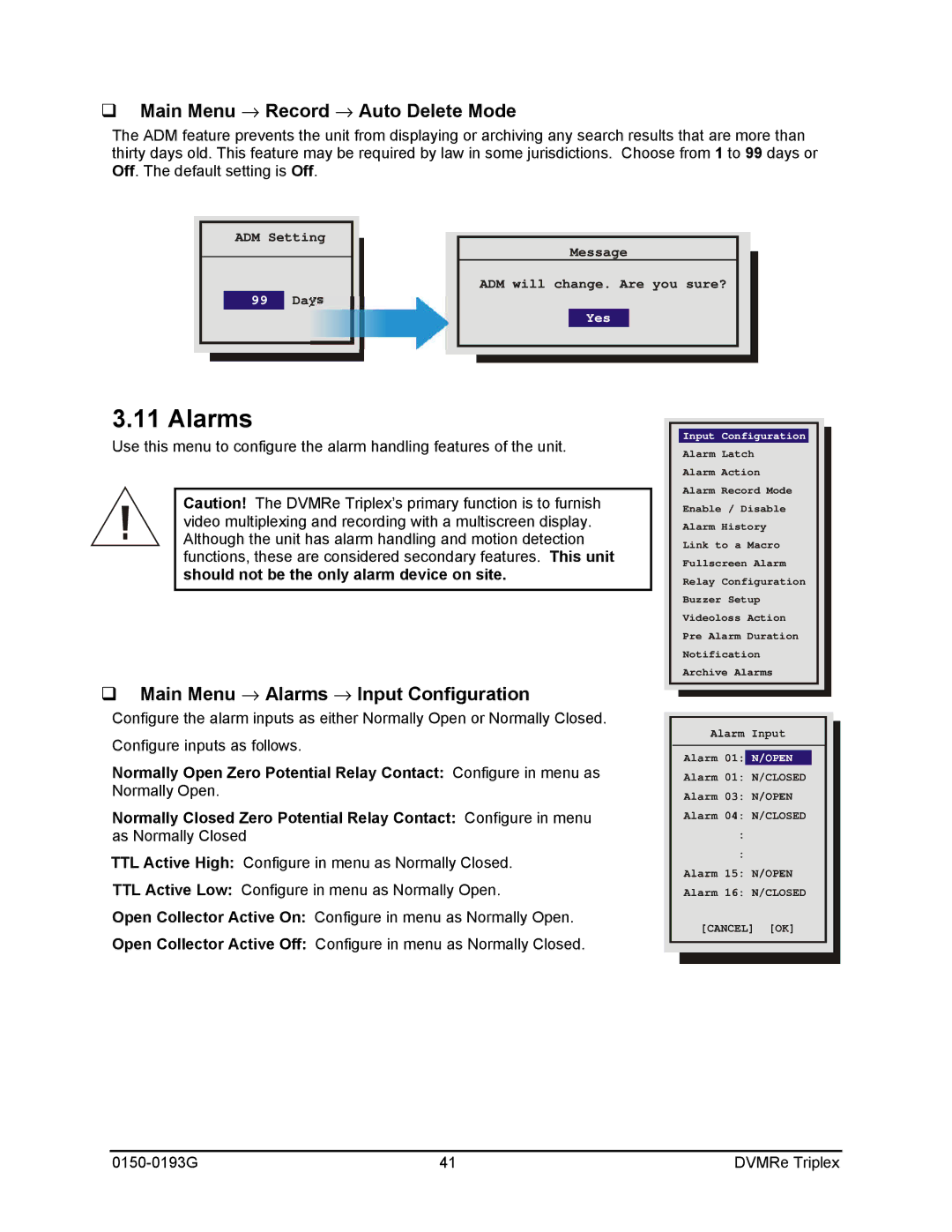 GE 0150-0193G manual Main Menu → Record → Auto Delete Mode, Main Menu → Alarms → Input Configuration 