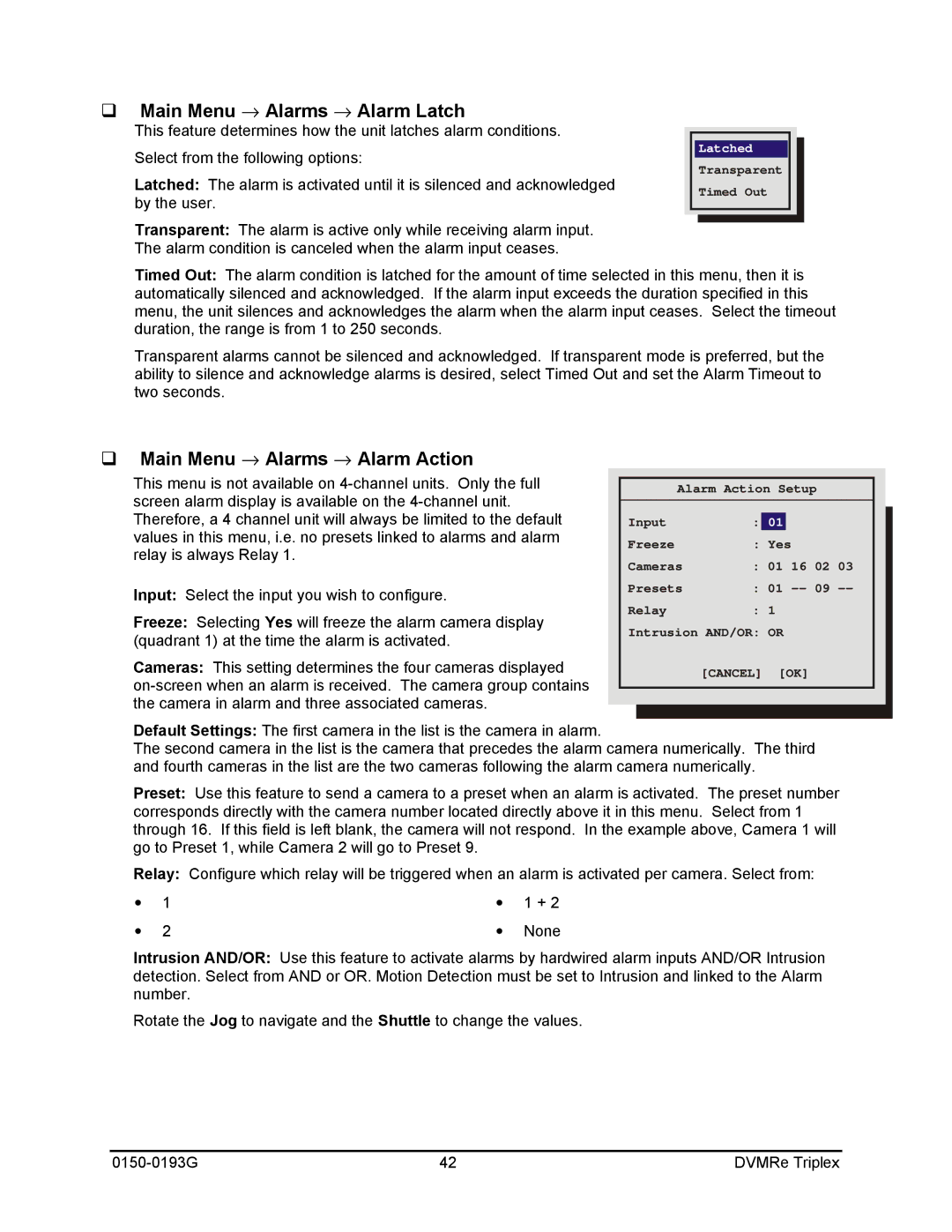 GE 0150-0193G manual Main Menu → Alarms → Alarm Latch, Main Menu → Alarms → Alarm Action 