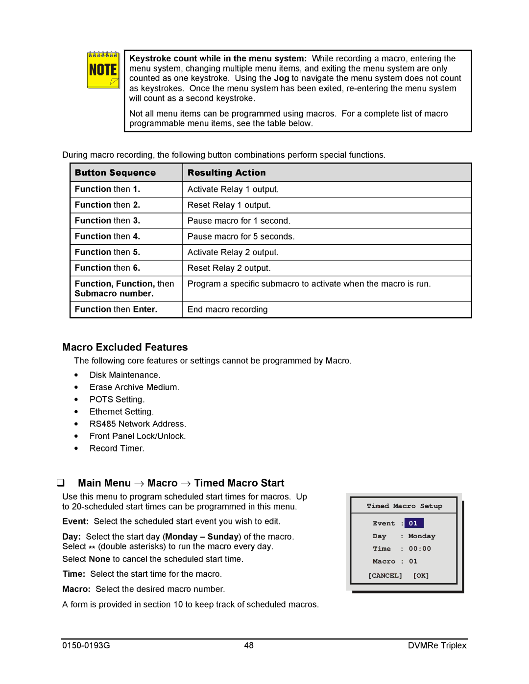 GE 0150-0193G manual Macro Excluded Features, Main Menu → Macro → Timed Macro Start 