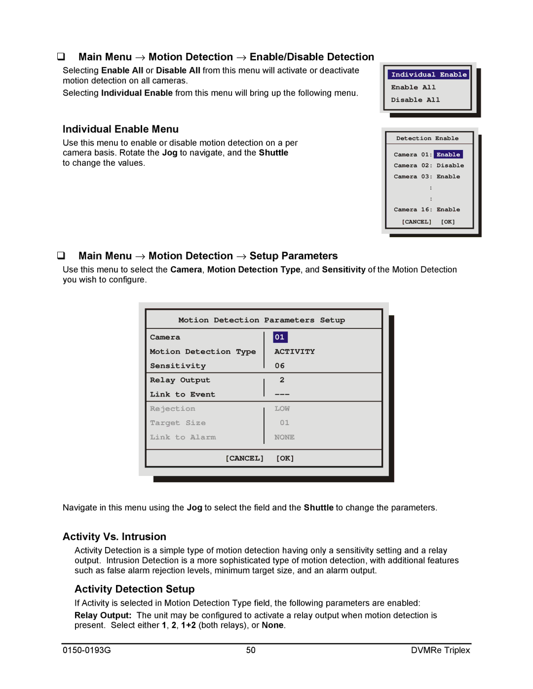 GE 0150-0193G Main Menu → Motion Detection → Enable/Disable Detection, Individual Enable Menu, Activity Vs. Intrusion 