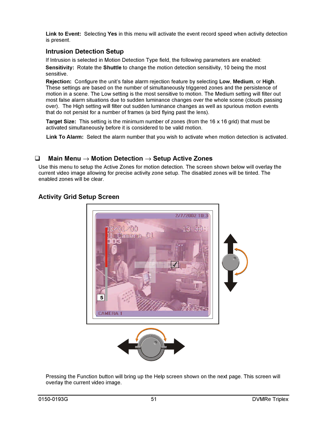 GE 0150-0193G Intrusion Detection Setup, Main Menu → Motion Detection → Setup Active Zones, Activity Grid Setup Screen 