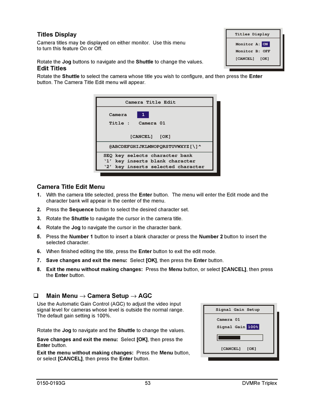 GE 0150-0193G manual Titles Display, Edit Titles, Camera Title Edit Menu, Main Menu → Camera Setup → AGC 