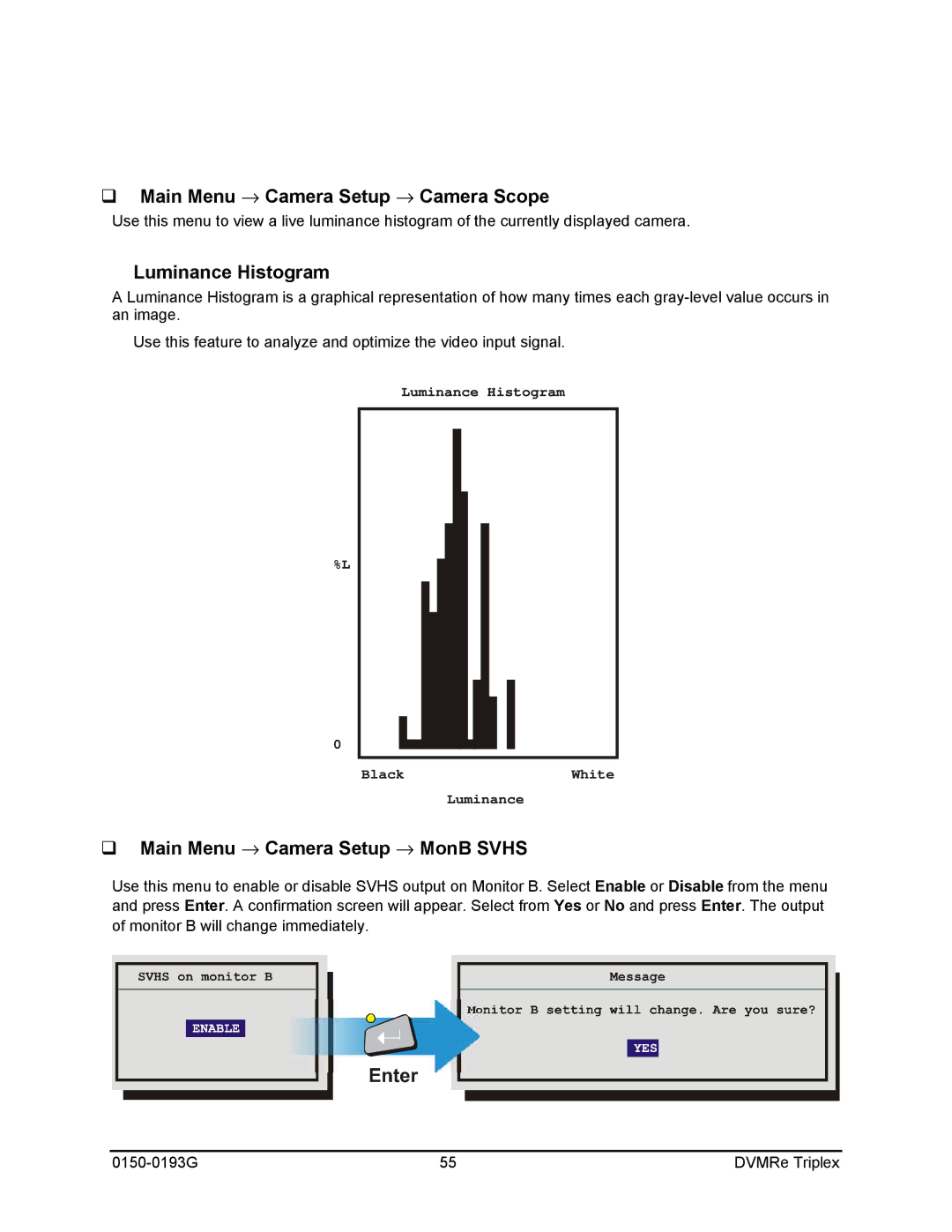 GE 0150-0193G manual Main Menu → Camera Setup → Camera Scope, Luminance Histogram, Main Menu → Camera Setup → MonB Svhs 