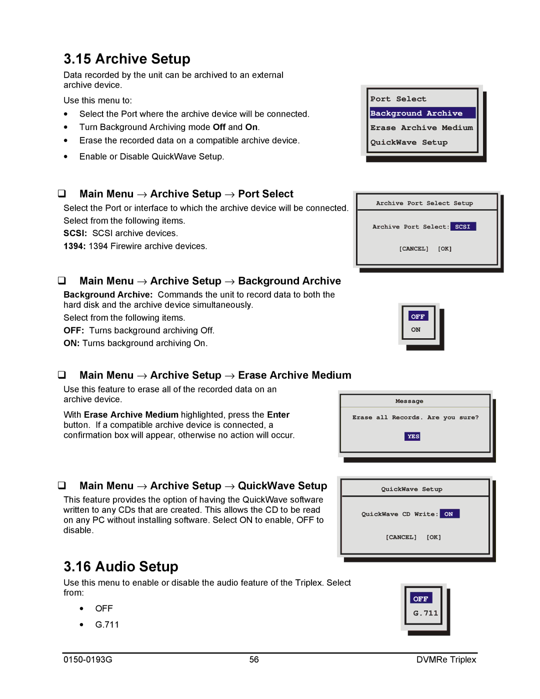 GE 0150-0193G manual Archive Setup, Audio Setup 