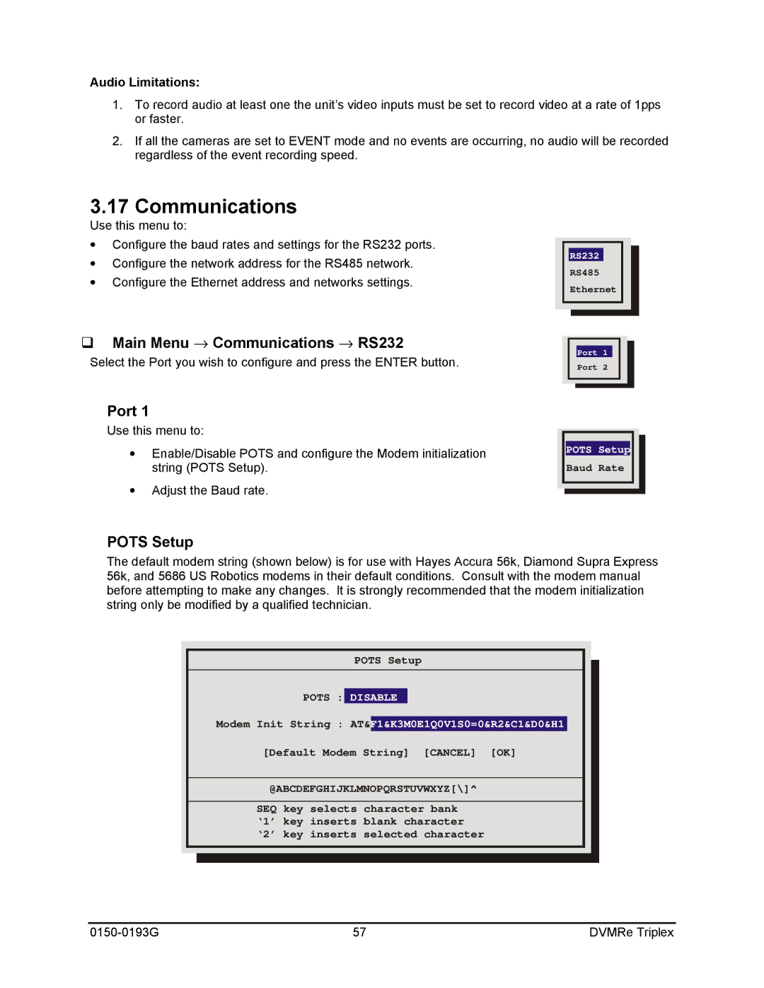 GE 0150-0193G manual Main Menu → Communications → RS232, Port, Pots Setup, Audio Limitations 