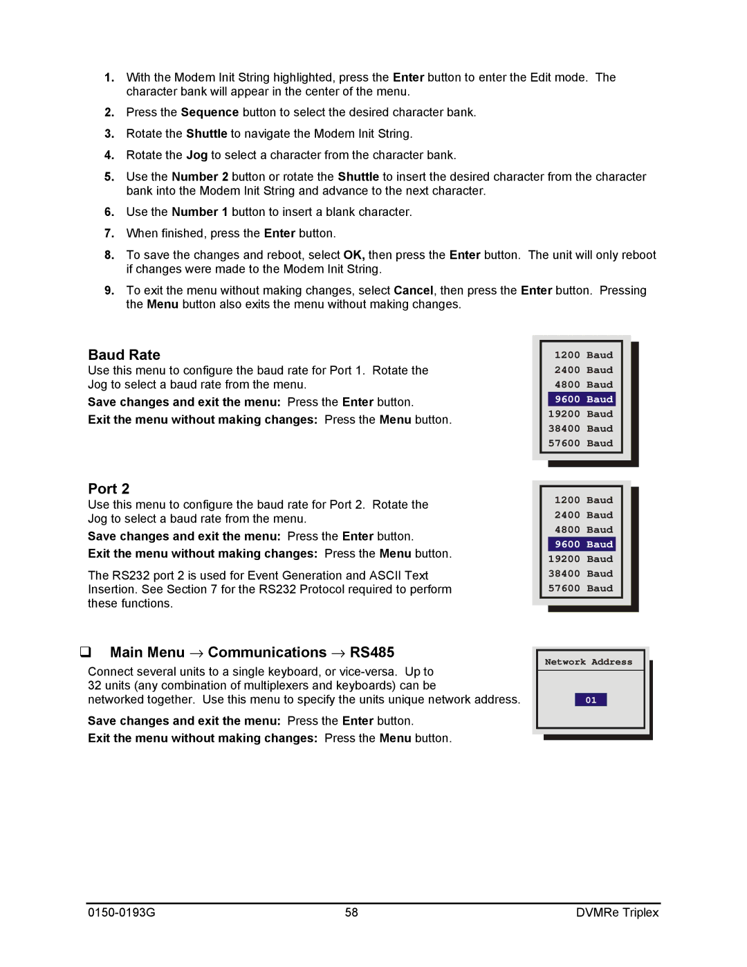 GE 0150-0193G manual Baud Rate, Main Menu → Communications → RS485 