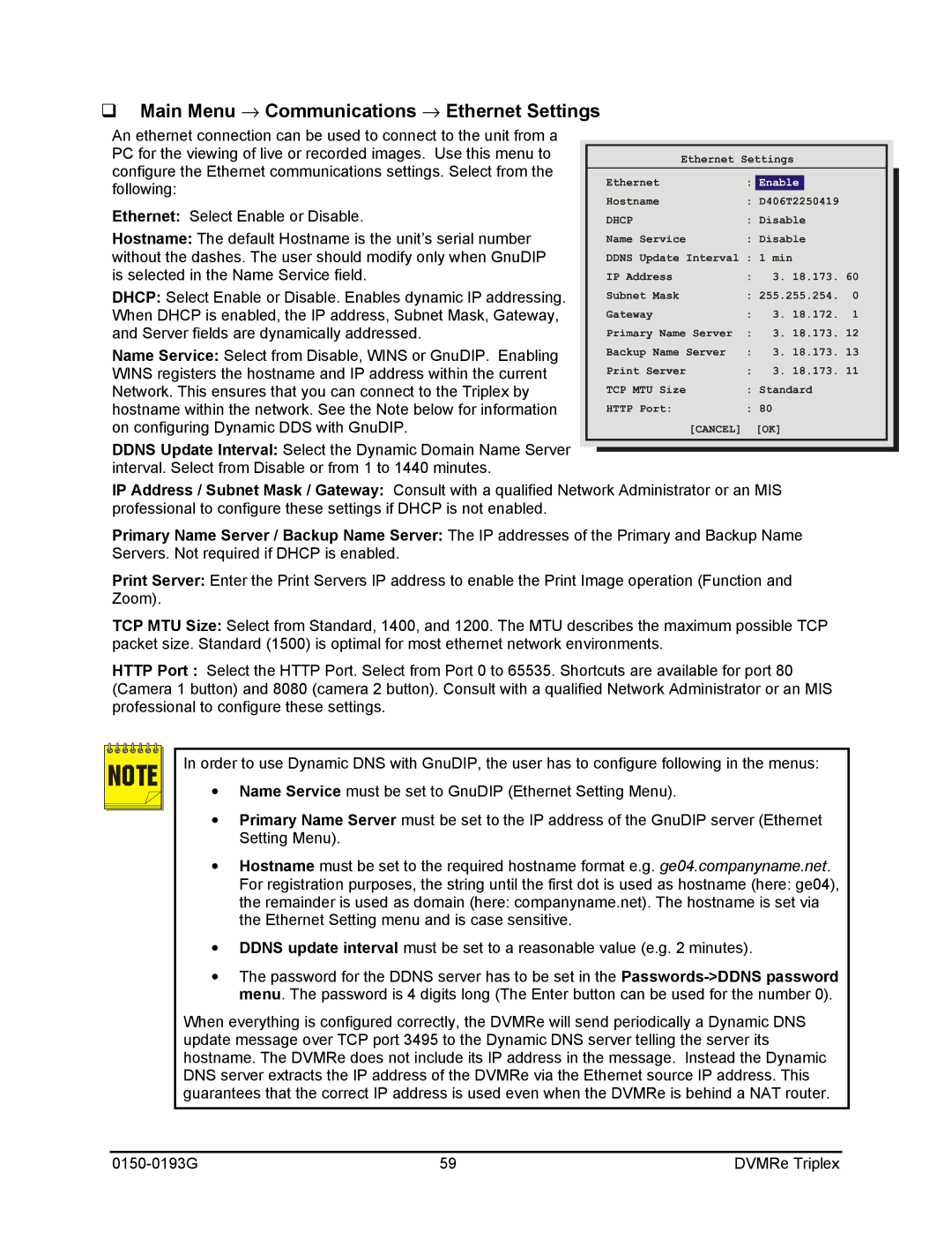 GE 0150-0193G manual Main Menu → Communications → Ethernet Settings 