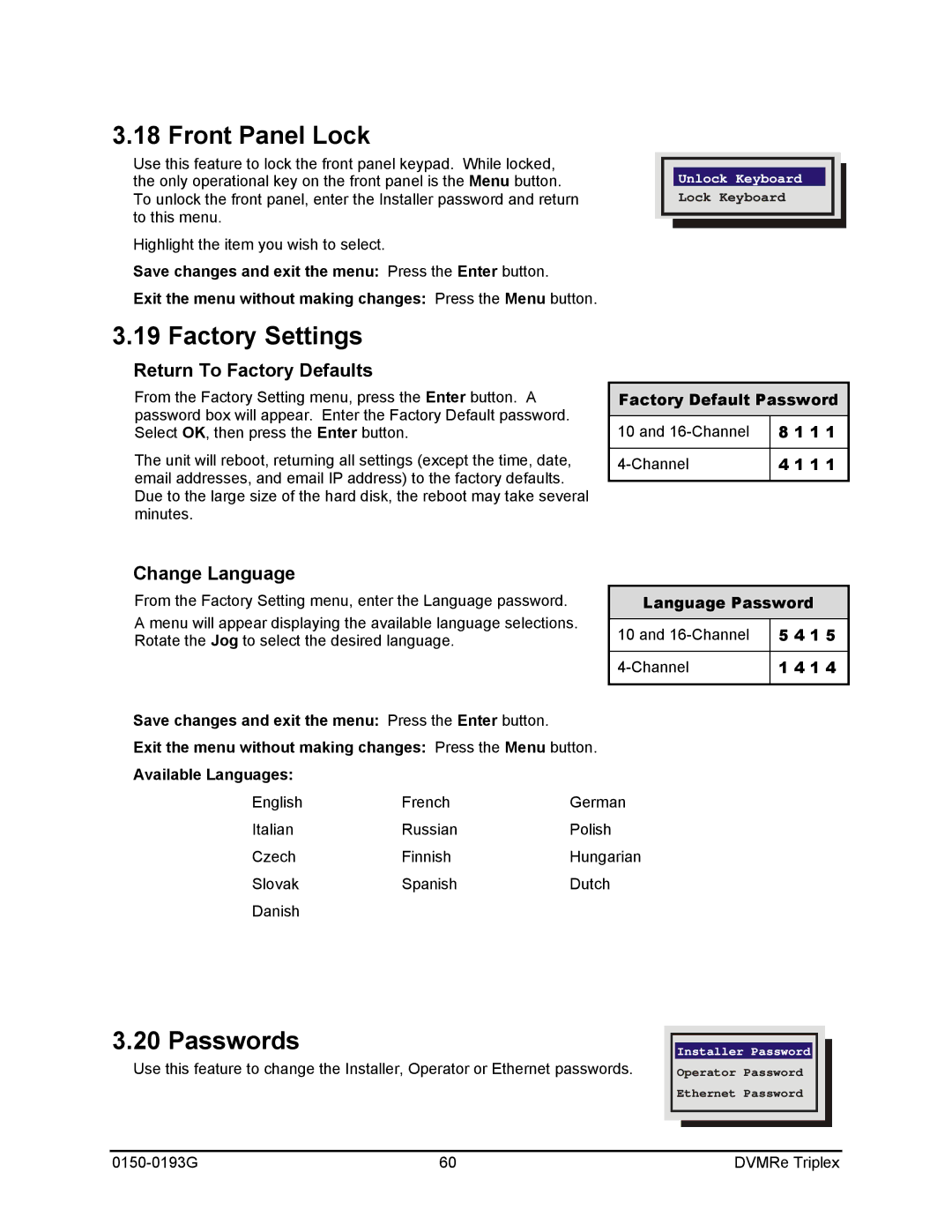 GE 0150-0193G manual Front Panel Lock, Factory Settings, Return To Factory Defaults, Change Language 