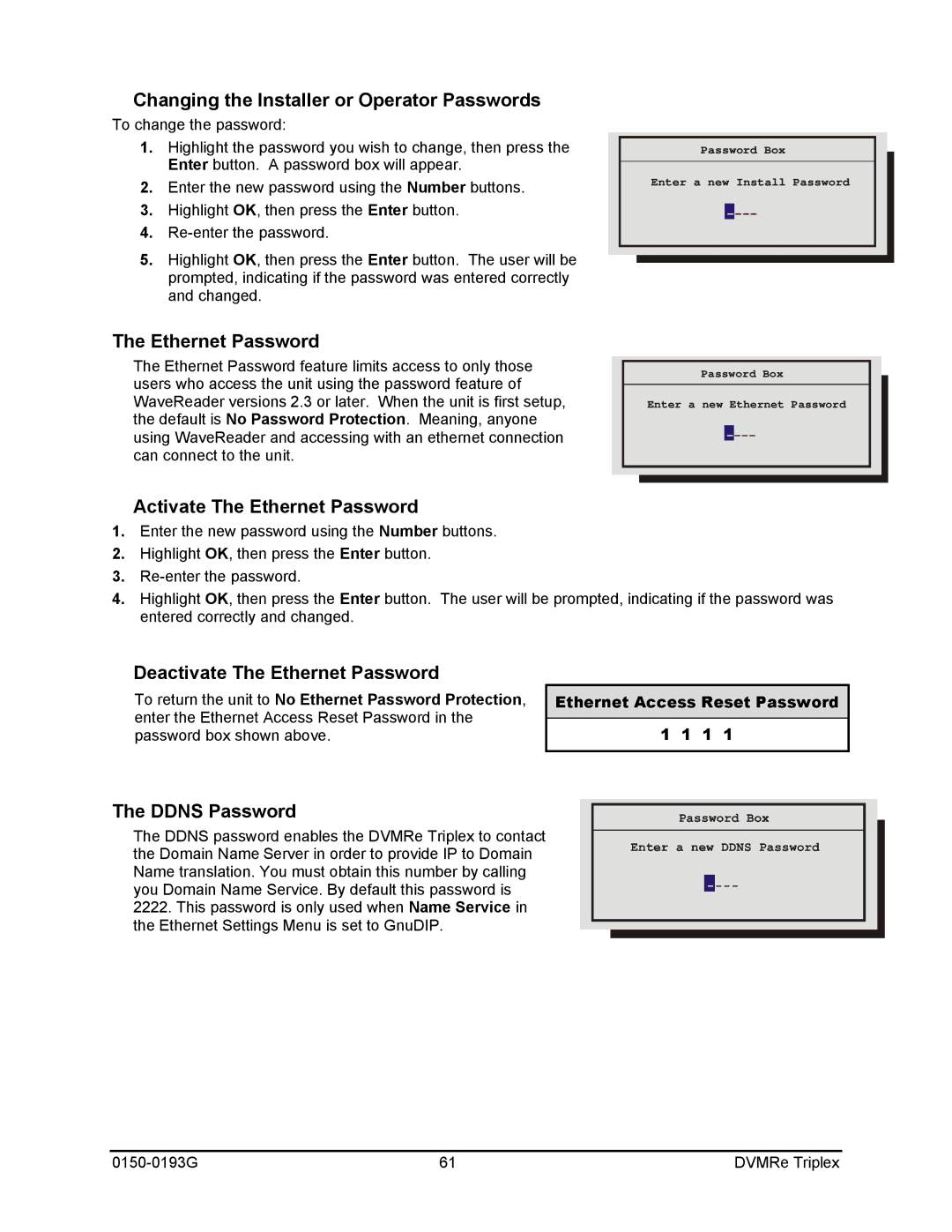 GE 0150-0193G manual Changing the Installer or Operator Passwords, Activate The Ethernet Password, Ddns Password 