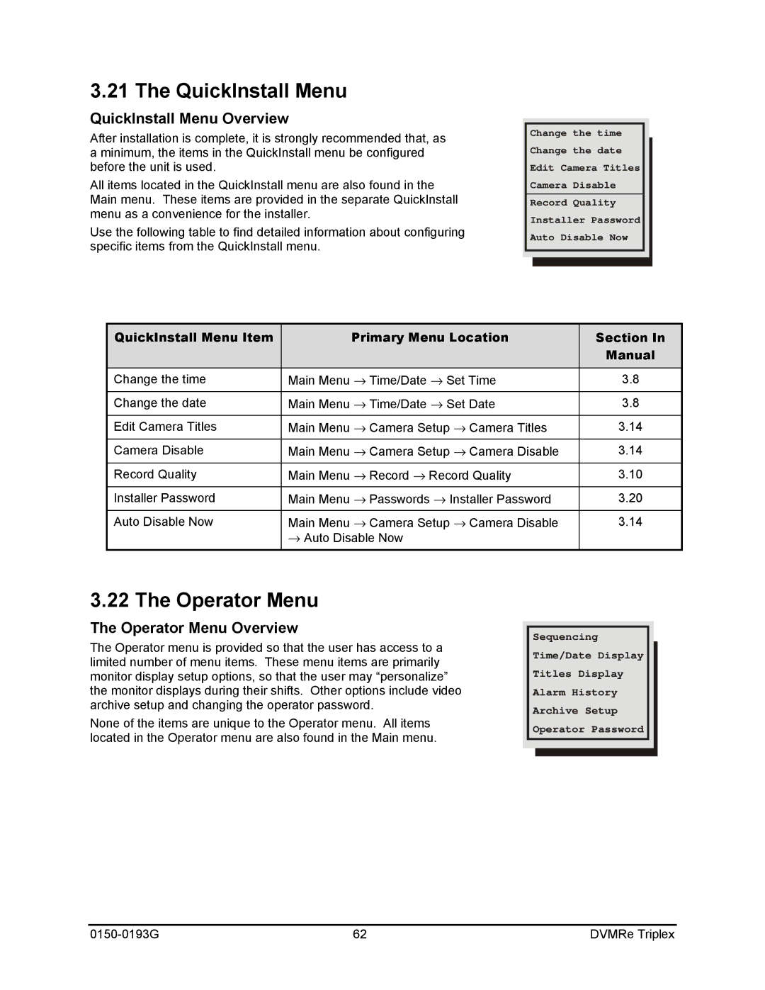 GE 0150-0193G manual QuickInstall Menu Overview, Operator Menu Overview 