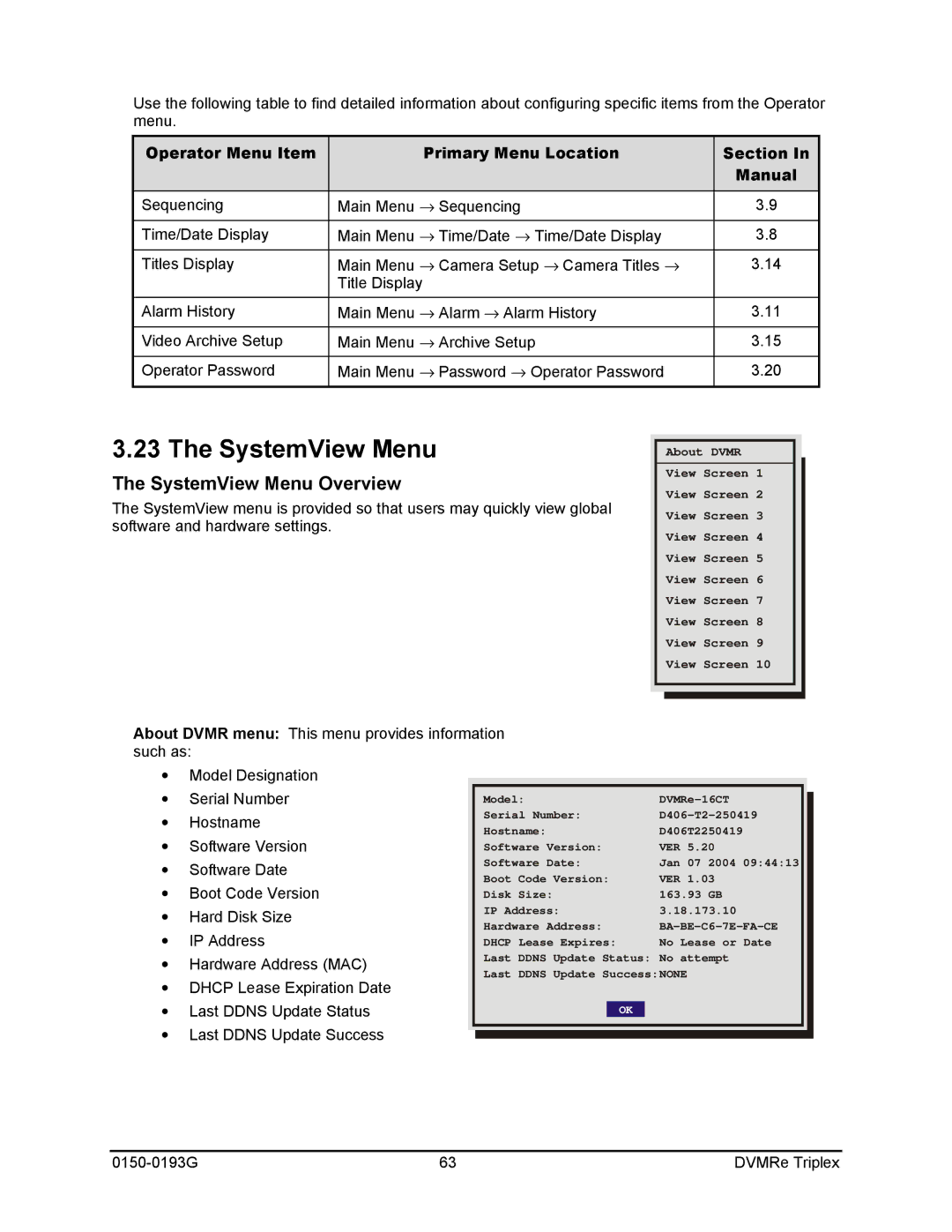 GE 0150-0193G manual SystemView Menu Overview, Operator Menu Item Primary Menu Location Section Manual 