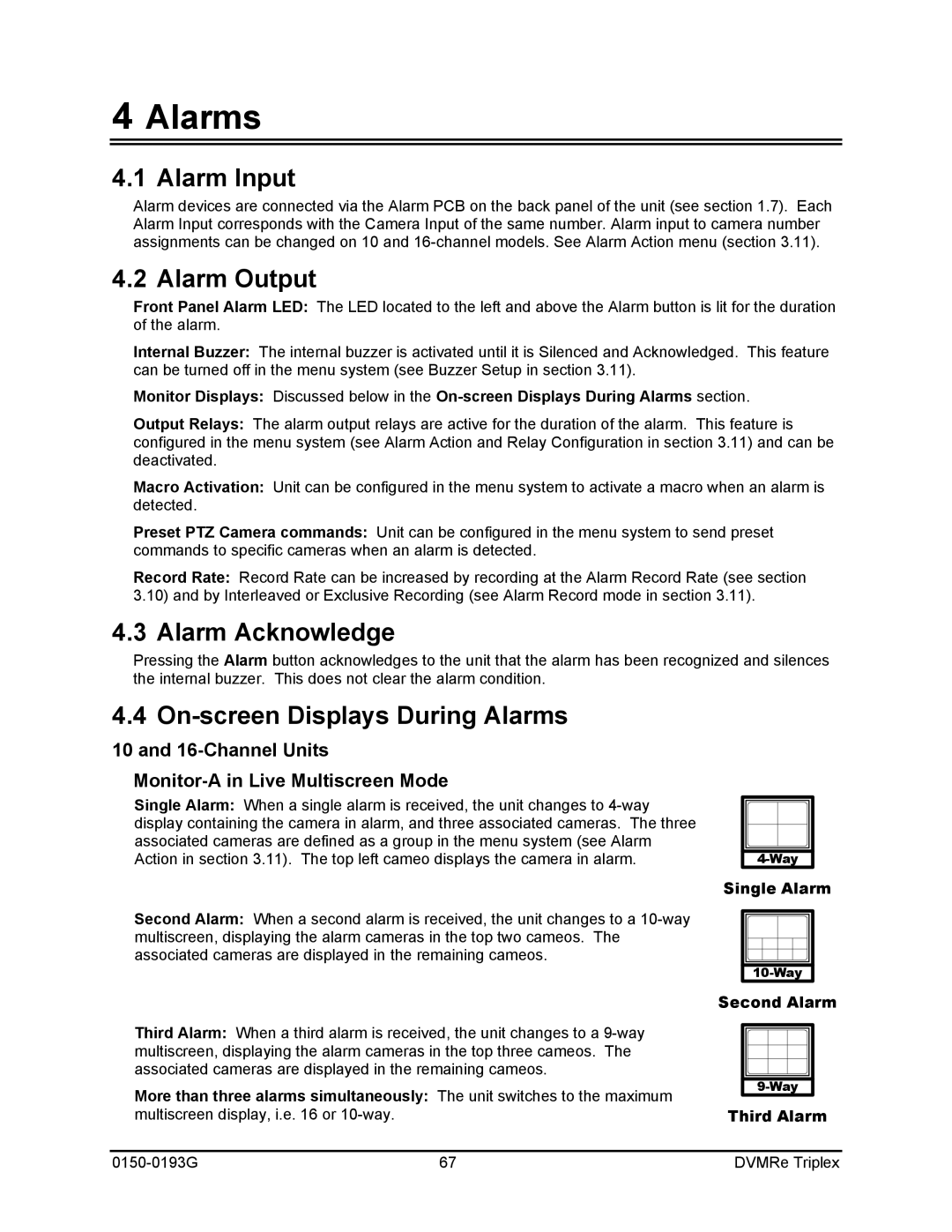 GE 0150-0193G manual Alarm Input, Alarm Output, Alarm Acknowledge, On-screen Displays During Alarms 