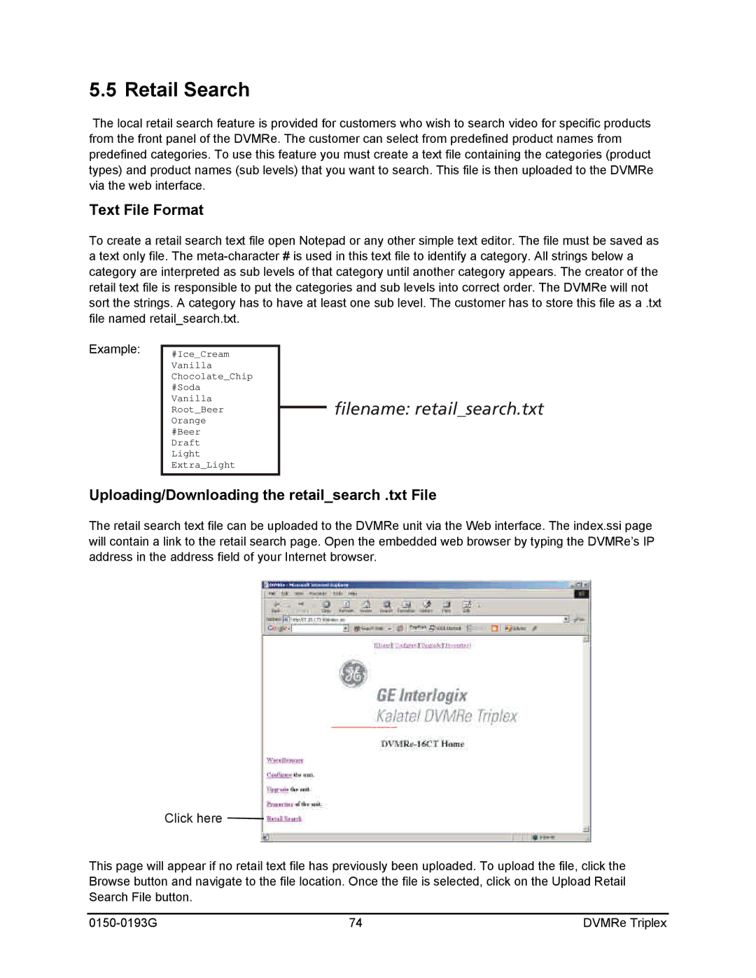 GE 0150-0193G manual Retail Search, Text File Format, Uploading/Downloading the retailsearch .txt File 