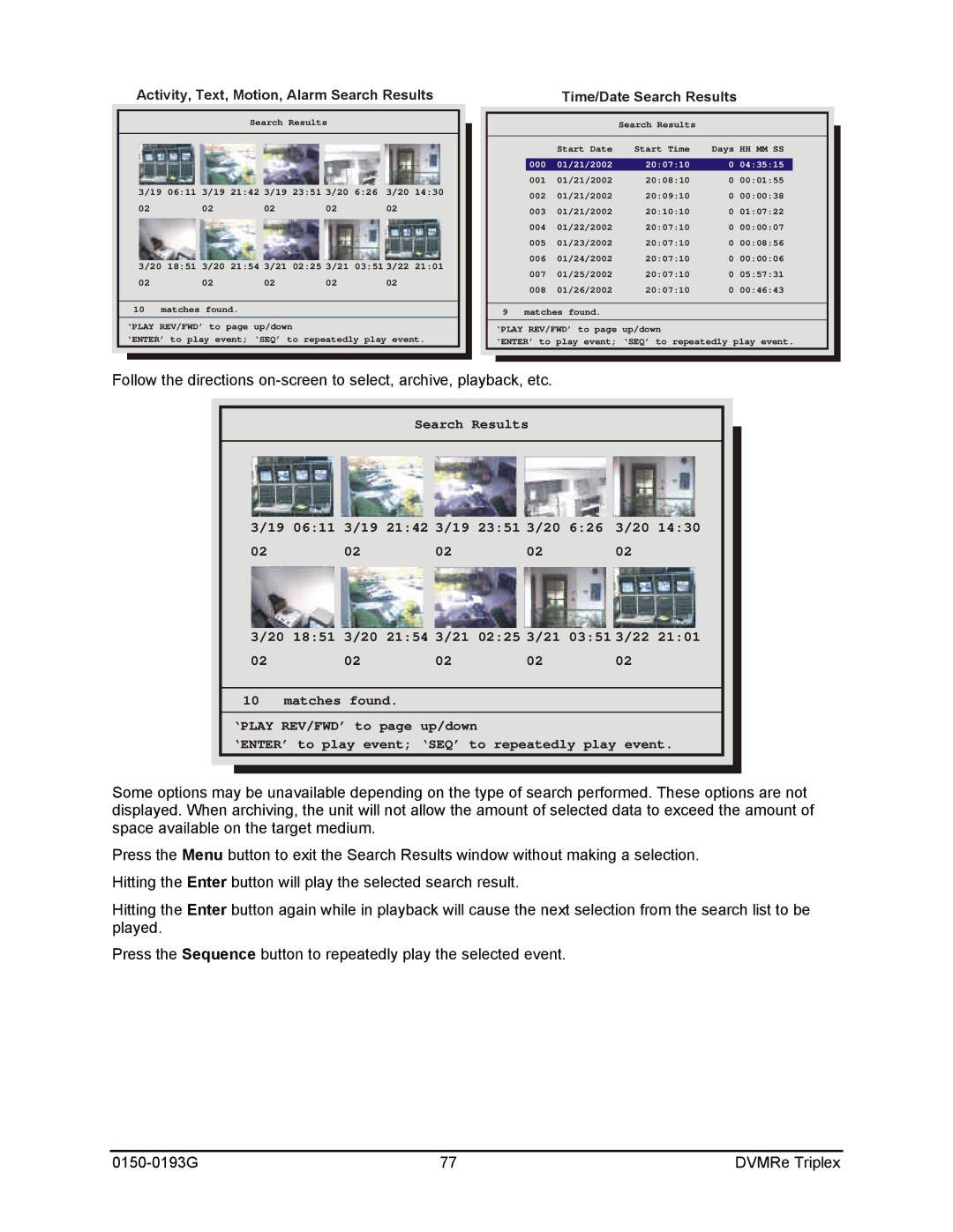 GE 0150-0193G manual Activity, Text, Motion, Alarm Search Results 