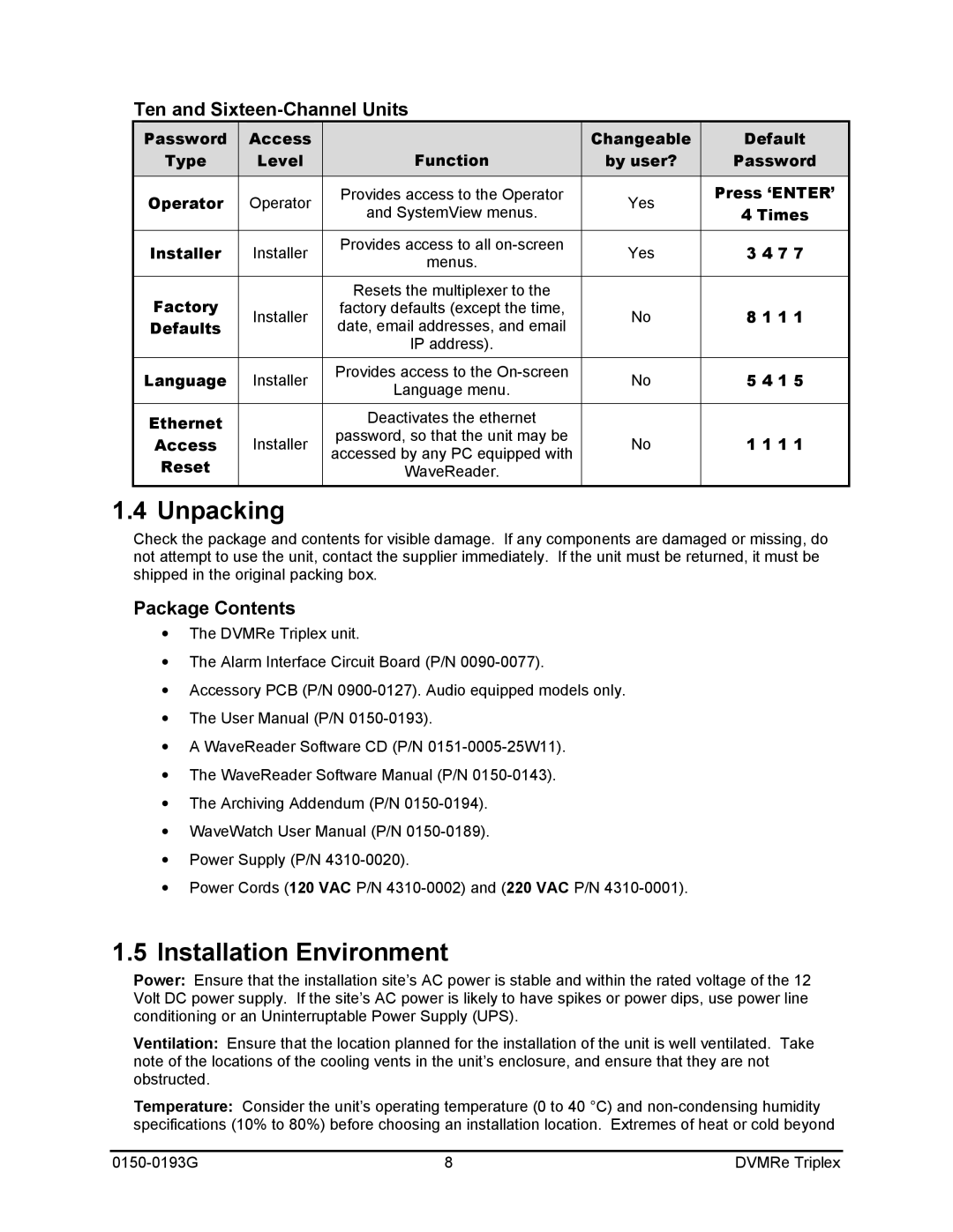 GE 0150-0193G manual Unpacking, Installation Environment, Ten and Sixteen-Channel Units, Package Contents 