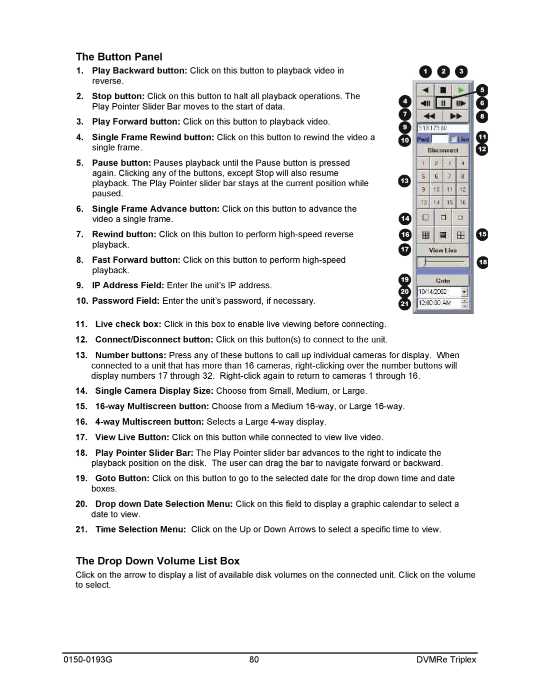 GE 0150-0193G manual Button Panel, Drop Down Volume List Box 