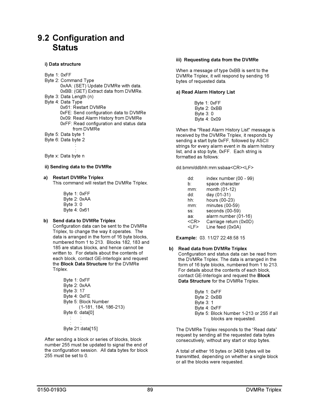 GE 0150-0193G manual Configuration and Status, Data structure 