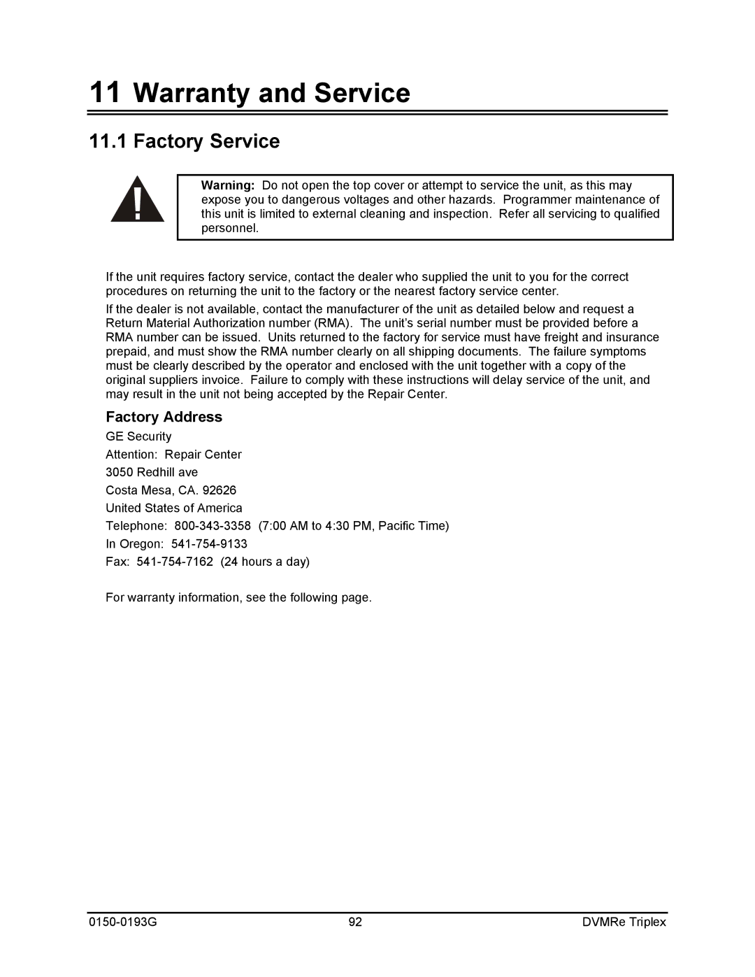 GE 0150-0193G manual Warranty and Service, Factory Service, Factory Address 