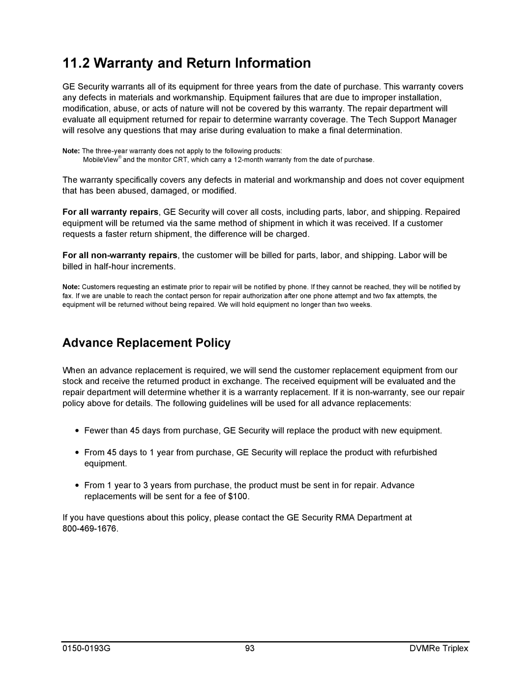 GE 0150-0193G manual Warranty and Return Information, Advance Replacement Policy 