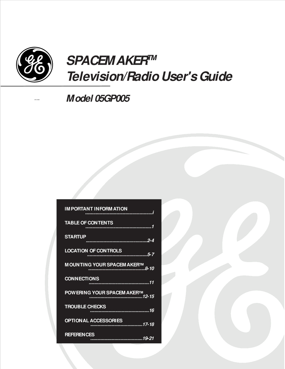 GE 05GP005 manual Spacemakertm Television/Radio Users Guide 