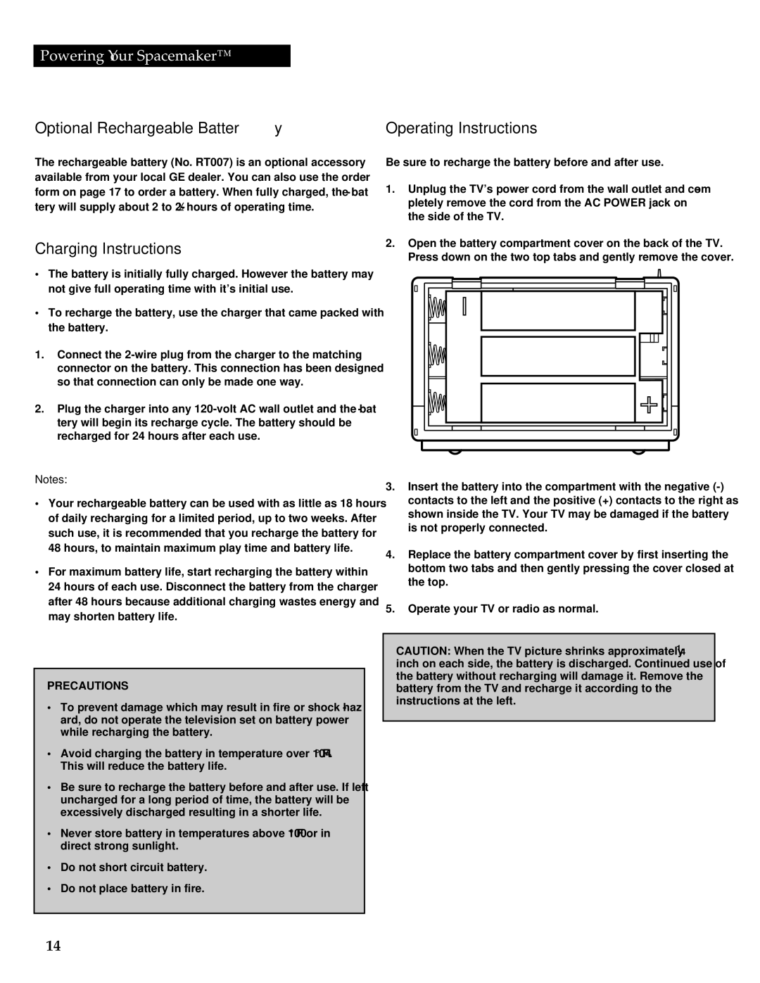 GE 05GP005 manual Optional Rechargeable Battery, Charging Instructions, Operating Instructions 